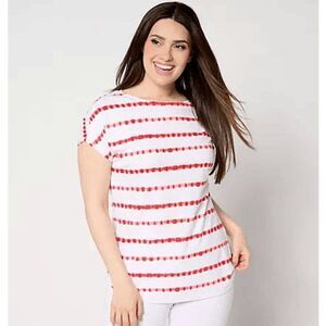 Denim & Co Womens XL Americana Texture Knit Striped Top Red Short Sleeves NWT)